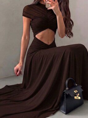 Brown Glamorous Women's Maxi See-Through Bodycon Cocktail Dress